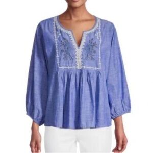 World Market Rumi Blue‎ Floral Embroidered Blouse Cotton Size S/M